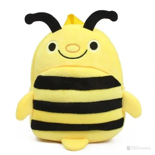 Sac à dos Bébé jaune en forme d’abeille souriante avec rayures noires et antennes souples.