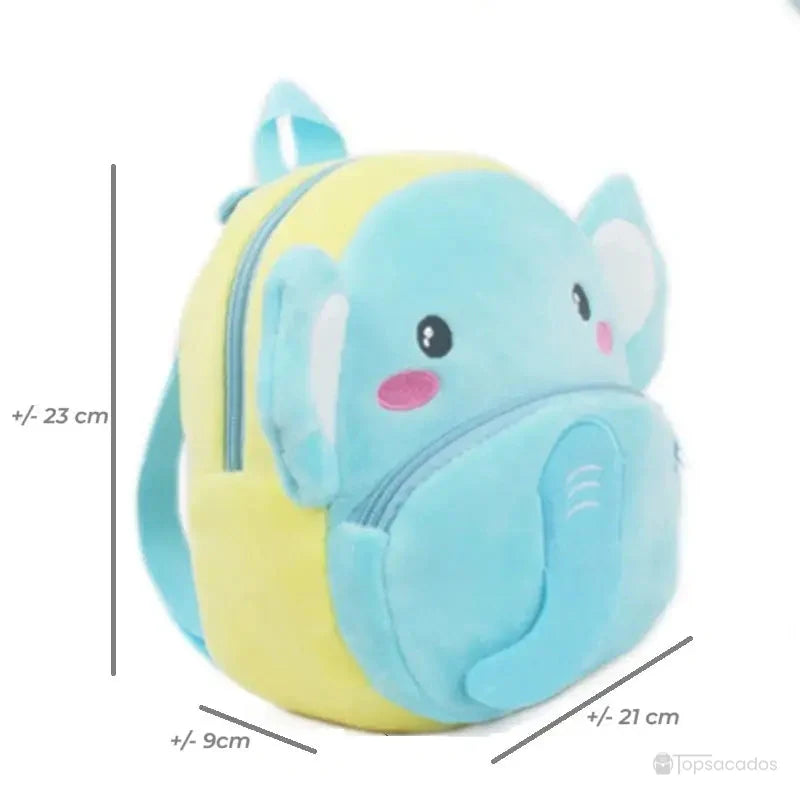 Sac à dos Bébé éléphant bleu et jaune présenté de profil avec mesures annotées : 23 cm de haut, 21 cm de large, 9 cm de profondeur.