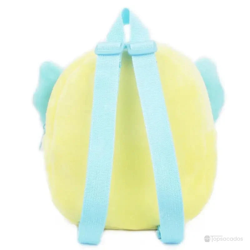 Sac à dos Bébé vu de dos, en peluche jaune avec bretelles ajustables bleues, oreilles d’éléphant visibles.