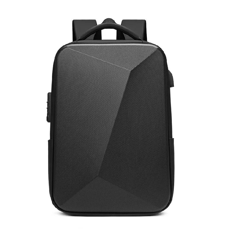 Sac à dos business en ABS noir vu de face avec surface géométrique texturée, posé sur fond blanc.