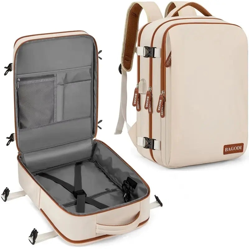 sac a dos cabine beige avec intérieur spacieux et sangles de maintien, compartiments pratiques pour vêtements et accessoires.