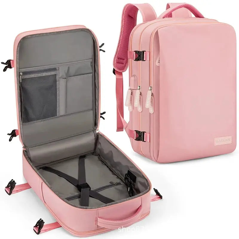 sac a dos cabine rose pastel avec ouverture valise, intérieur compartimenté avec sangles de maintien et poche filet, idéal pour les femmes voyageuses.