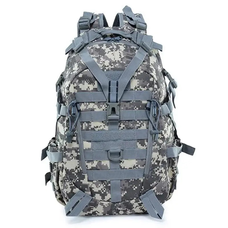 sac à dos camouflage digital gris noir avec sangles tactiques et poches latérales, parfait pour les activités en extérieur
