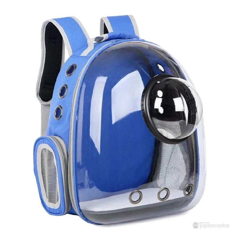 Sac à dos chat avec hublot bleu foncé avec coque avant transparente et aération sur les côtés, design ergonomique.