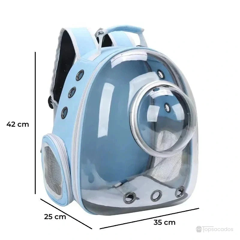 Sac à dos chat avec hublot bleu ciel avec dimensions inscrites : 42 cm de haut, 35 cm de large, 25 cm de profondeur.