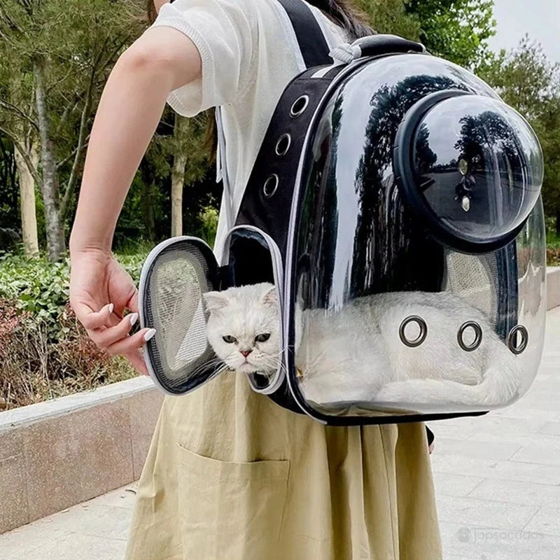 Sac à dos chat avec hublot porté en promenade, ouverture latérale ouverte laissant sortir la tête du chat blanc curieux.