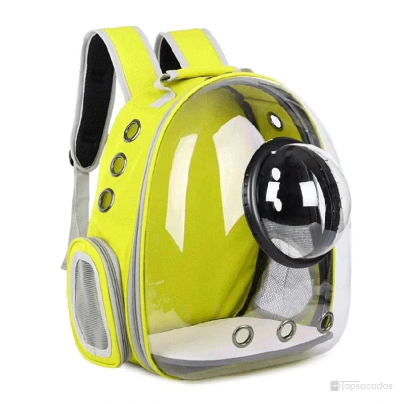 Sac à dos chat avec hublot jaune citron, doté d’une coque transparente et de larges œillets d’aération pour le confort de l’animal.