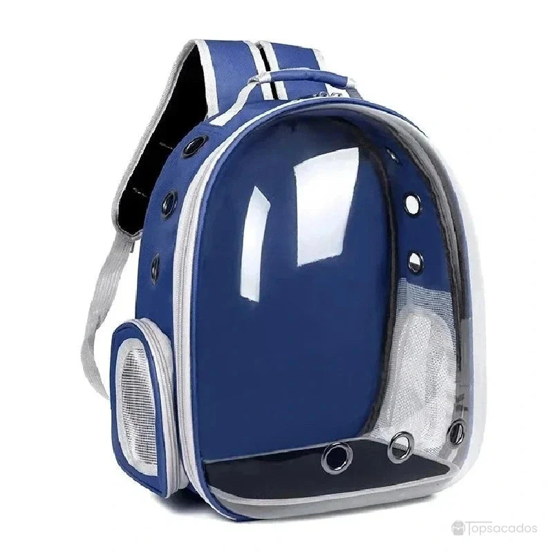 Sac à dos chat bleu avec fenêtre bombée transparente et côtés en maille pour une bonne aération.