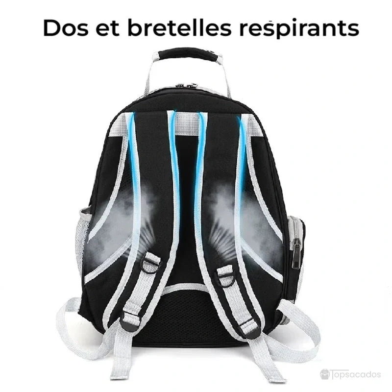Sac à dos chat vu de dos, avec bretelles épaisses respirantes et dos rembourré pour le confort du porteur.