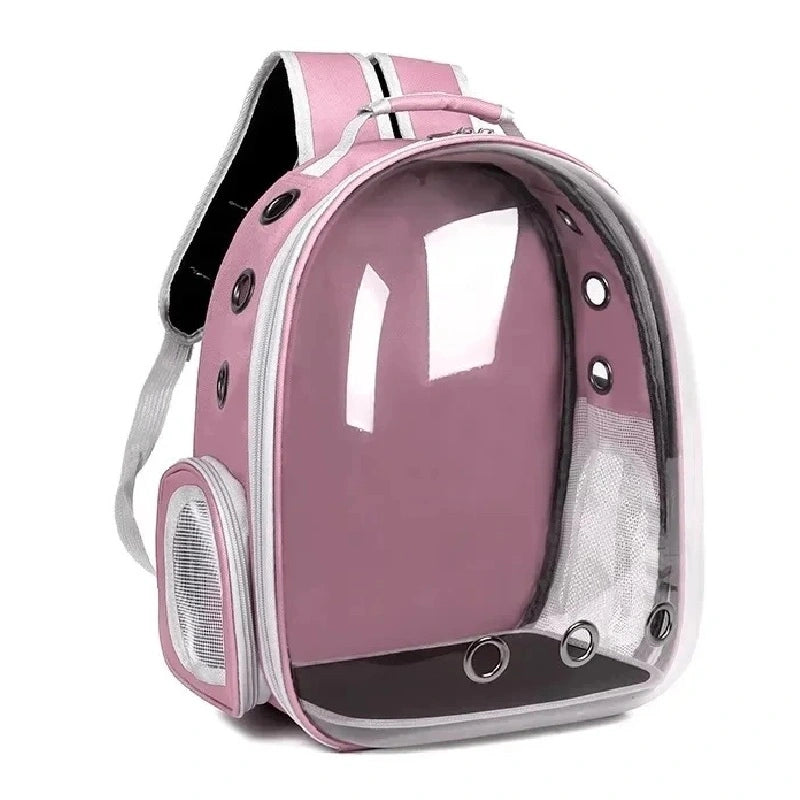 Sac à dos chat rose avec coque transparente bombée et aérations visibles à l’avant.