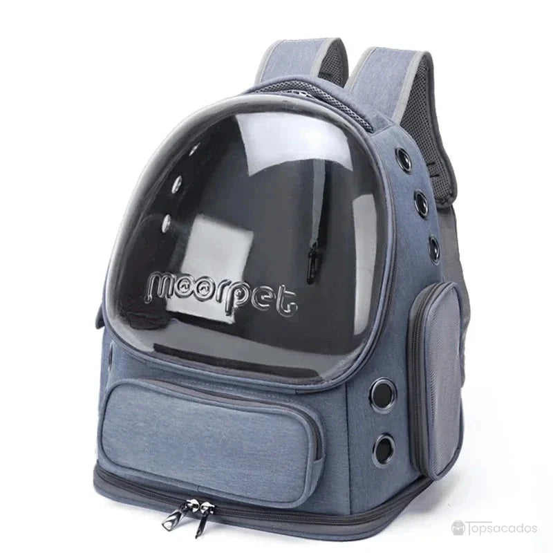Sac à dos chat premium bleu avec hublot transparent rigide, conçu pour transporter un chat en toute sécurité et confort en extérieur.
