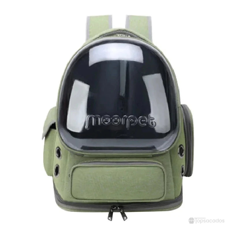 Sac à dos chat premium vert avec coque rigide transparente sur le devant, conçu pour les déplacements confortables avec votre chat.