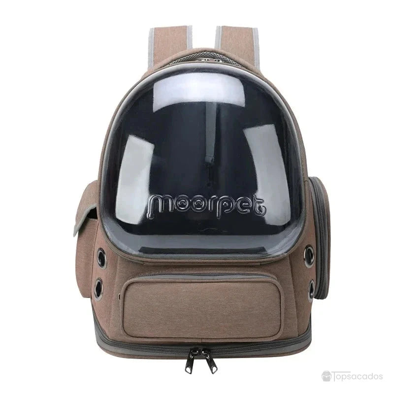 Sac à dos chat premium kaki avec hublot frontal rigide, compartiments latéraux et poche avant, pour les sorties avec votre chat.