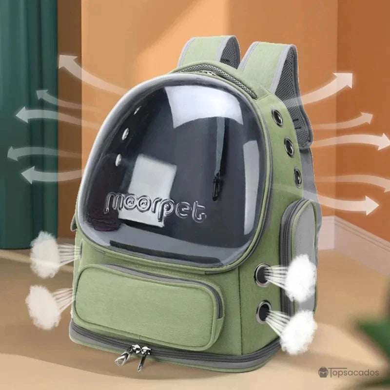 Sac à dos chat premium vert illustré avec flux d’air simulés, démontrant sa ventilation complète pour garder le chat au frais à l’intérieur.