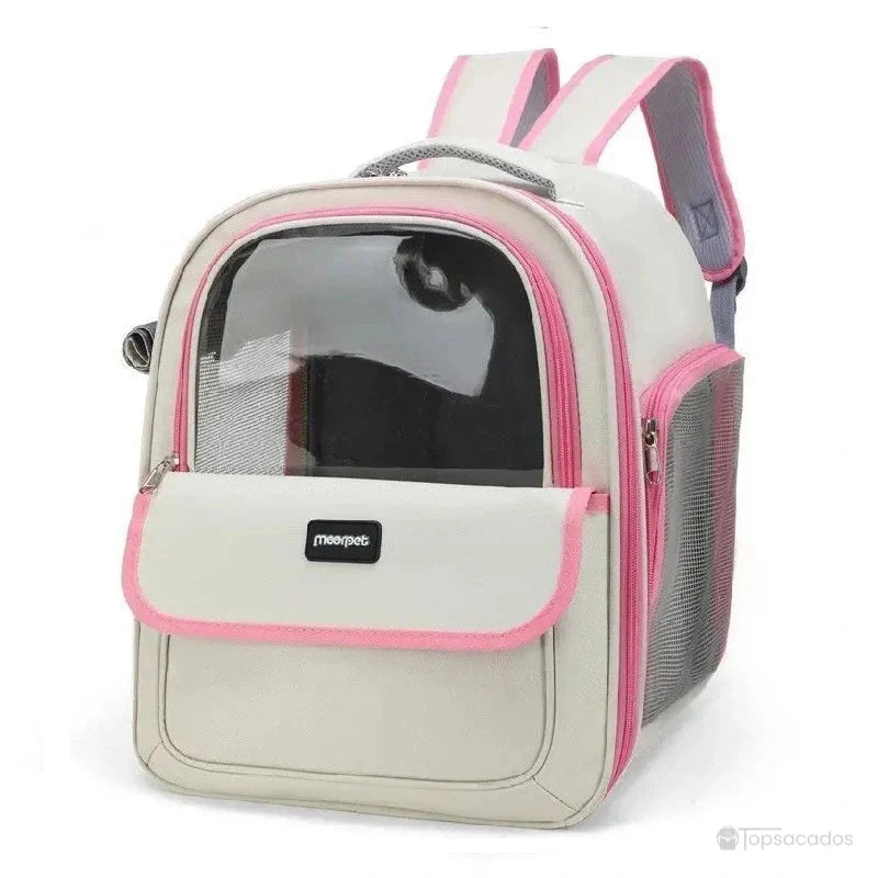 sac a dos chat transparent blanc à bordures roses, avec grande poche avant et côtés respirants en filet