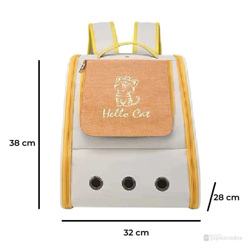 Sac à dos chaton avec rabat orange, affiché avec ses dimensions en centimètres : 38 de hauteur, 32 de largeur et 28 de profondeur.