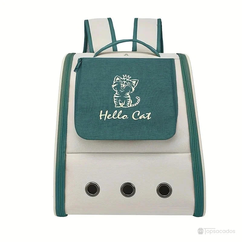 Sac à dos chaton vert et blanc, vu de face, avec rabat décoratif et aérations inférieures, posé sur un fond uni.