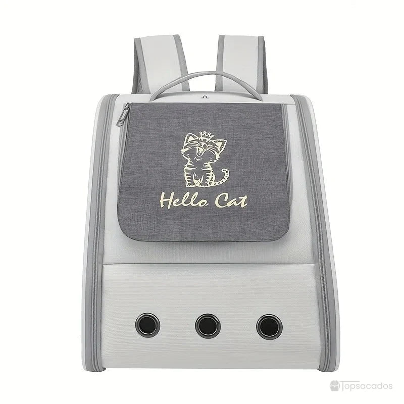 Sac à dos chaton gris et blanc, avec illustration 'Hello Cat' sur le rabat, photographié de face sur fond clair.