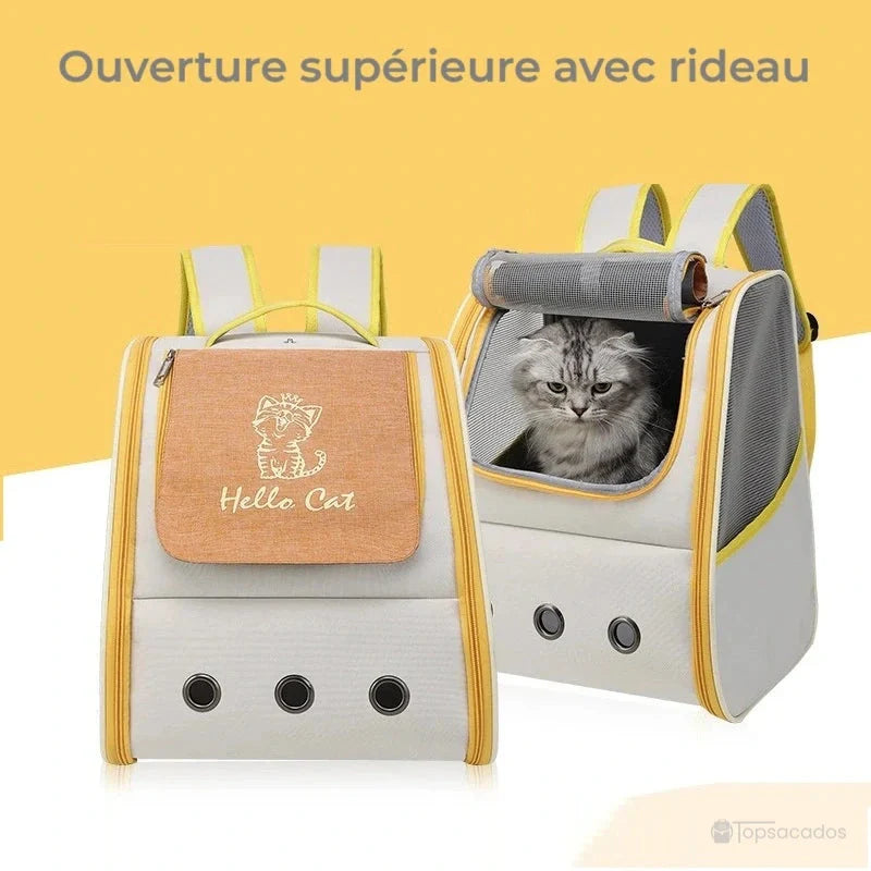 Sac à dos chaton avec ouverture supérieure à rideau, dont un modèle montre un chat assis à l’intérieur prêt pour le transport.