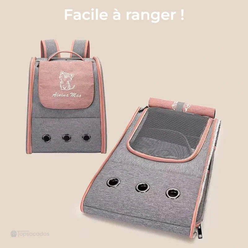 Sac à dos chaton gris vu debout et replié à plat, illustrant sa structure pliable pour un rangement compact.