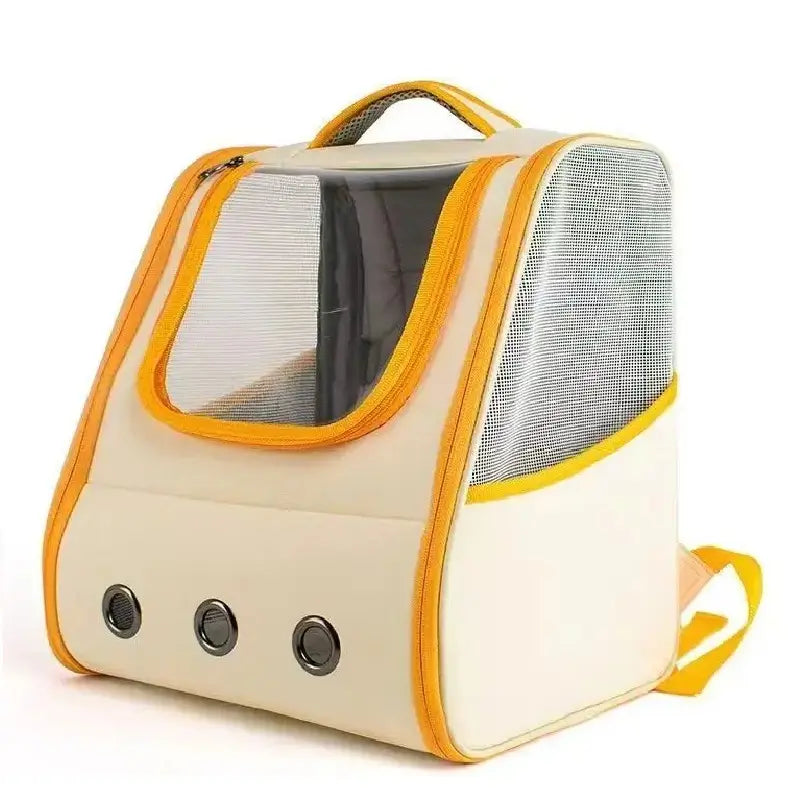 Sac à dos chaton beige et jaune vu de côté, avec maille respirante, poignées et aérations visibles, sur fond blanc.