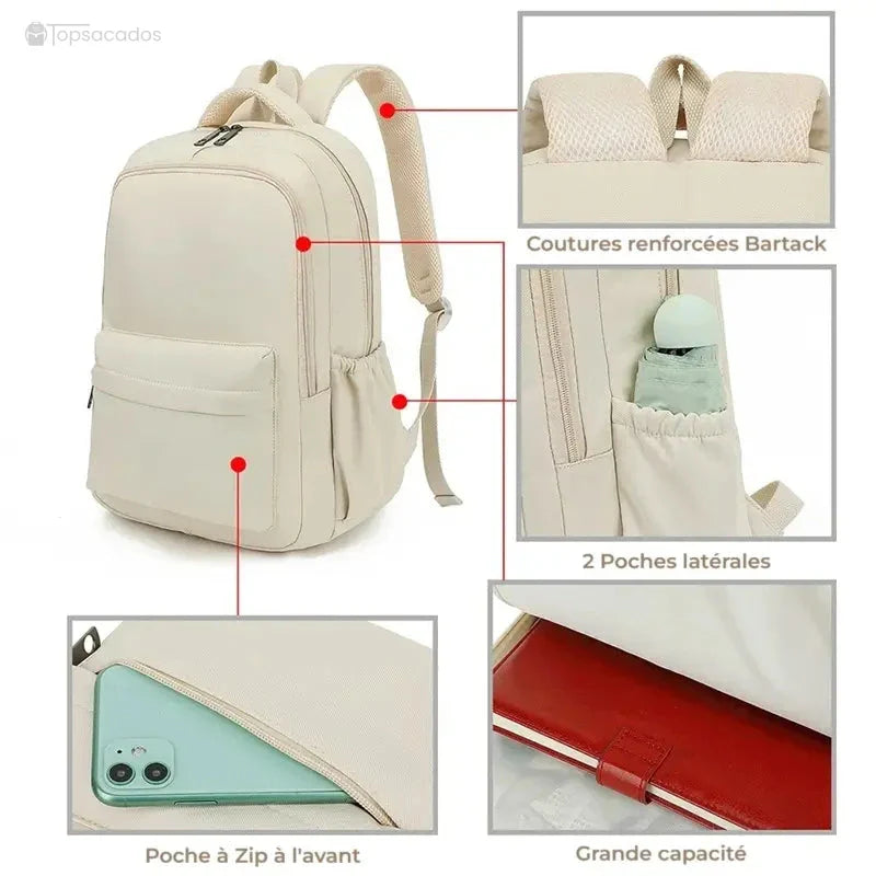Sac à dos collège beige avec coutures renforcées, poches latérales élastiques, grande capacité et compartiment à zip avant.