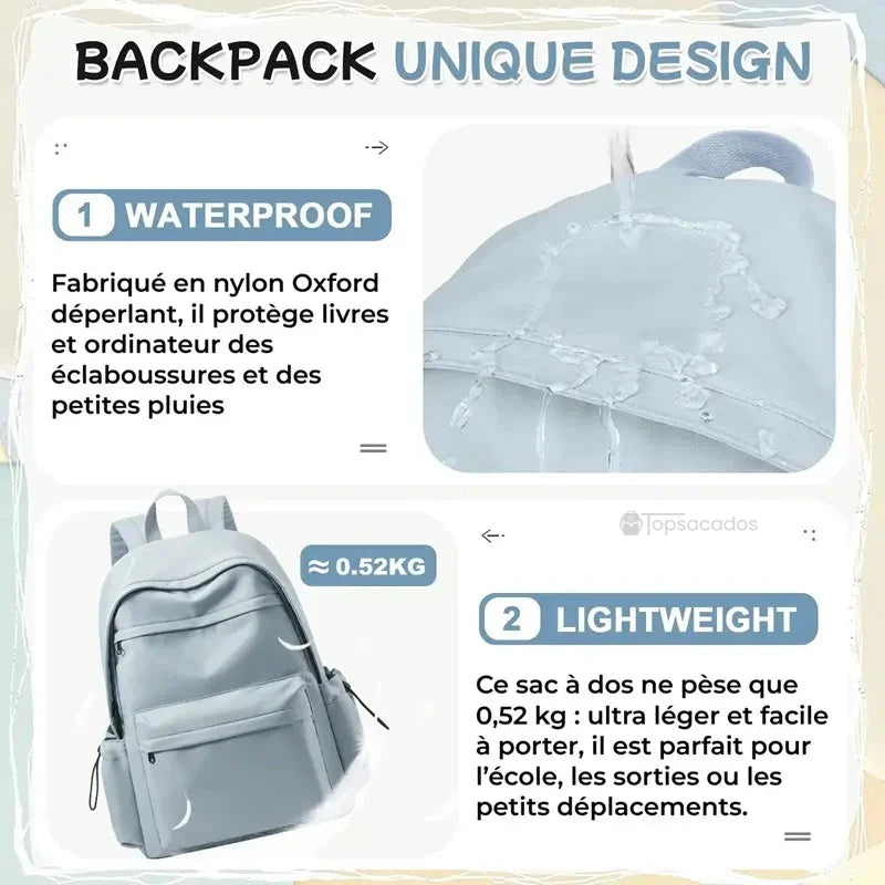 Sac à dos collège fille bleu en nylon Oxford avec effet déperlant, montrant la résistance à l'eau sur la surface.