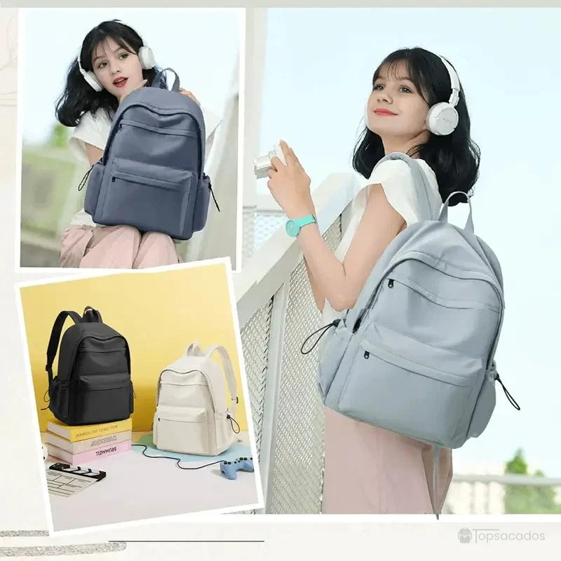 Sac à dos collège fille porté par deux adolescentes en extérieur et en intérieur, illustrant les différents coloris disponibles.