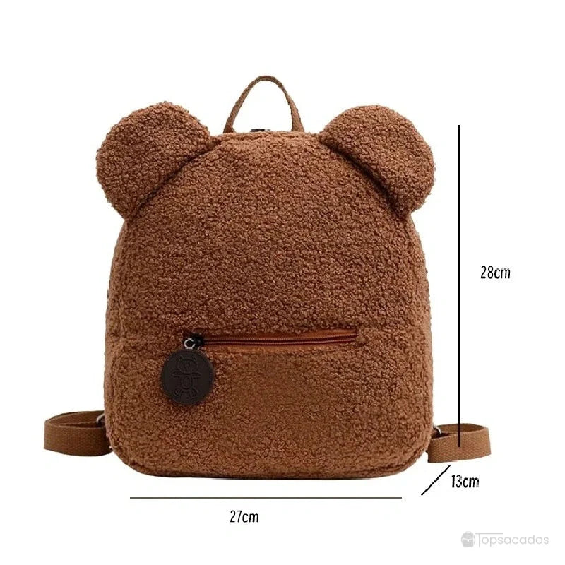 Sac a dos college Ourson marron avec dimensions visibles 28 cm de haut, 27 cm de large, 13 cm de profondeur