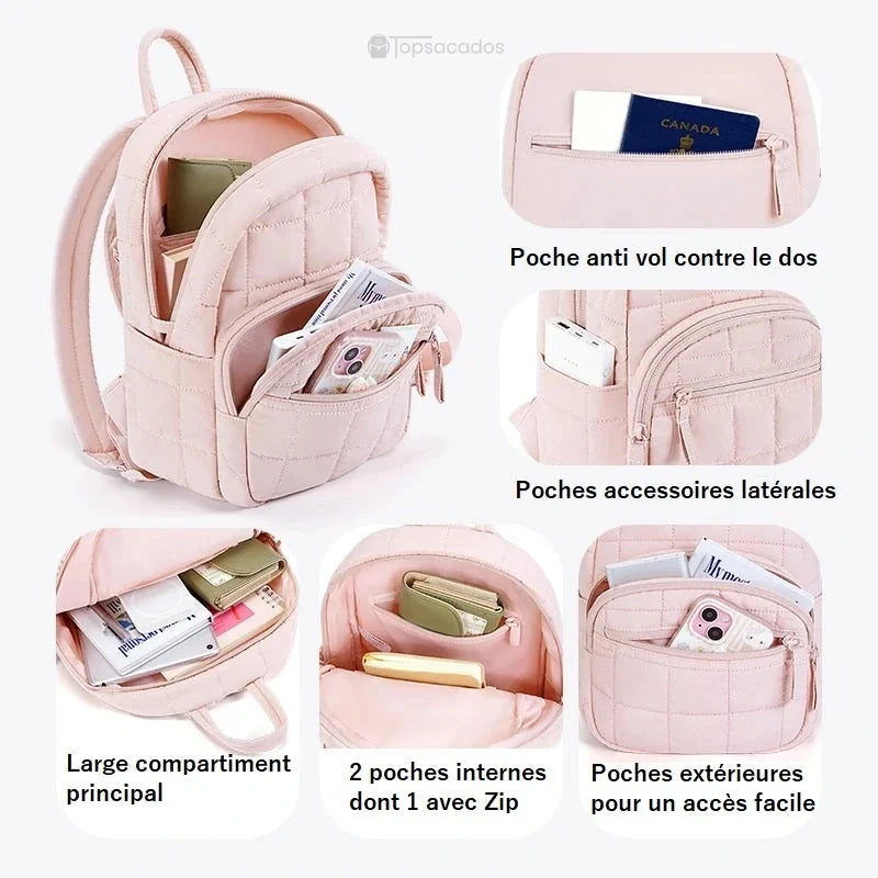sac à dos college rose avec poches latérales, poche antivol arrière, poche principale et poches internes