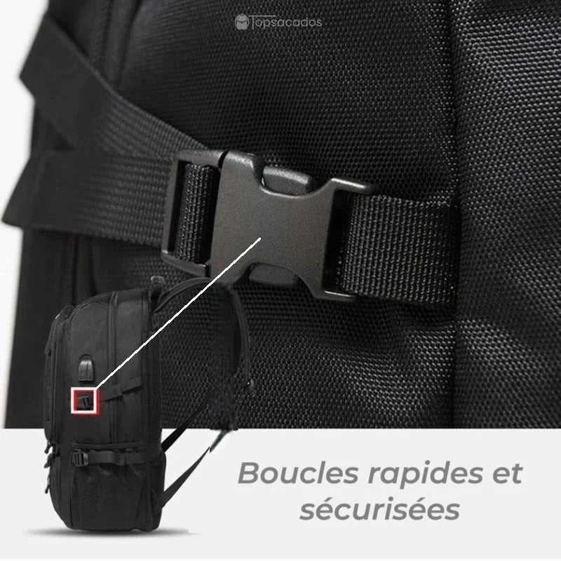 Sac à dos compartiment chaussure extensible avec gros plan sur la boucle de serrage latérale sécurisée, illustrant sa robustesse