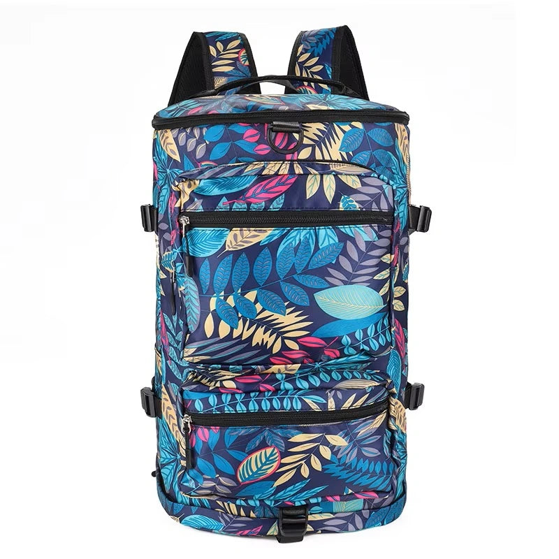 Sac à dos compartiment chaussure motif feuillage bleu vu de face, avec poches zippées et grand espace de rangement