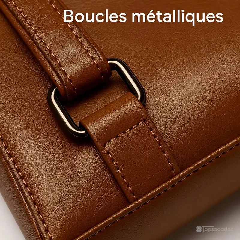 Sac à dos cuir femme marron avec boucle métallique noire, gros plan sur une finition soignée en cuir grainé.