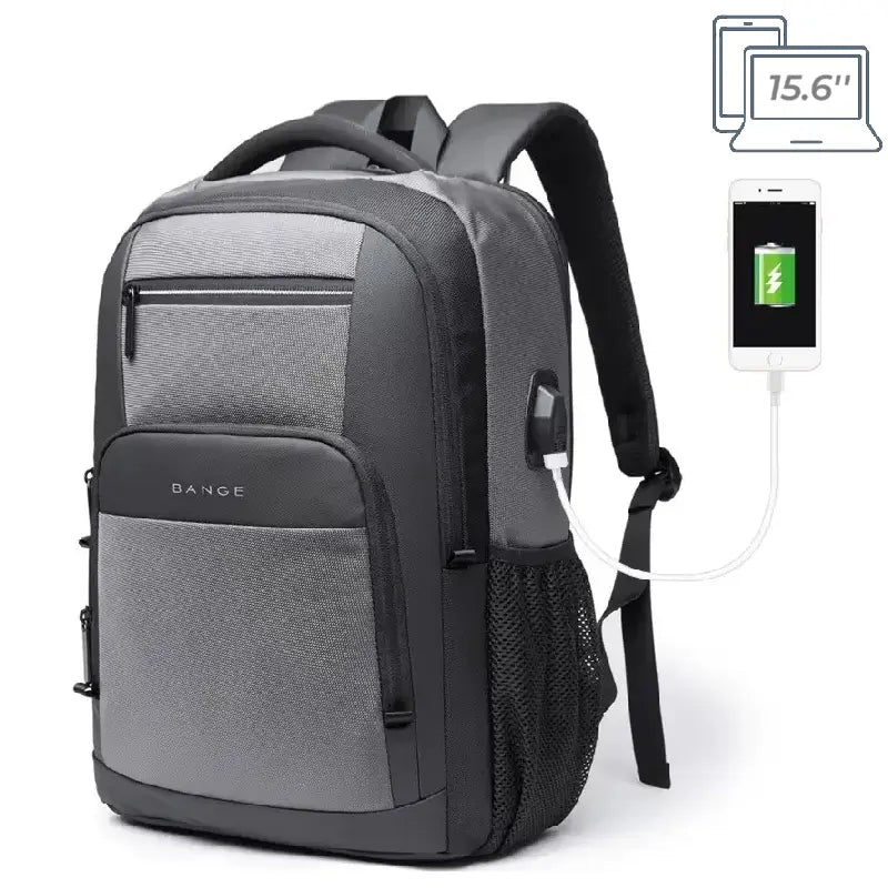 Sac à dos de cours gris clair et noir avec port USB et tissu structuré, conçu pour le transport quotidien et les appareils électroniques