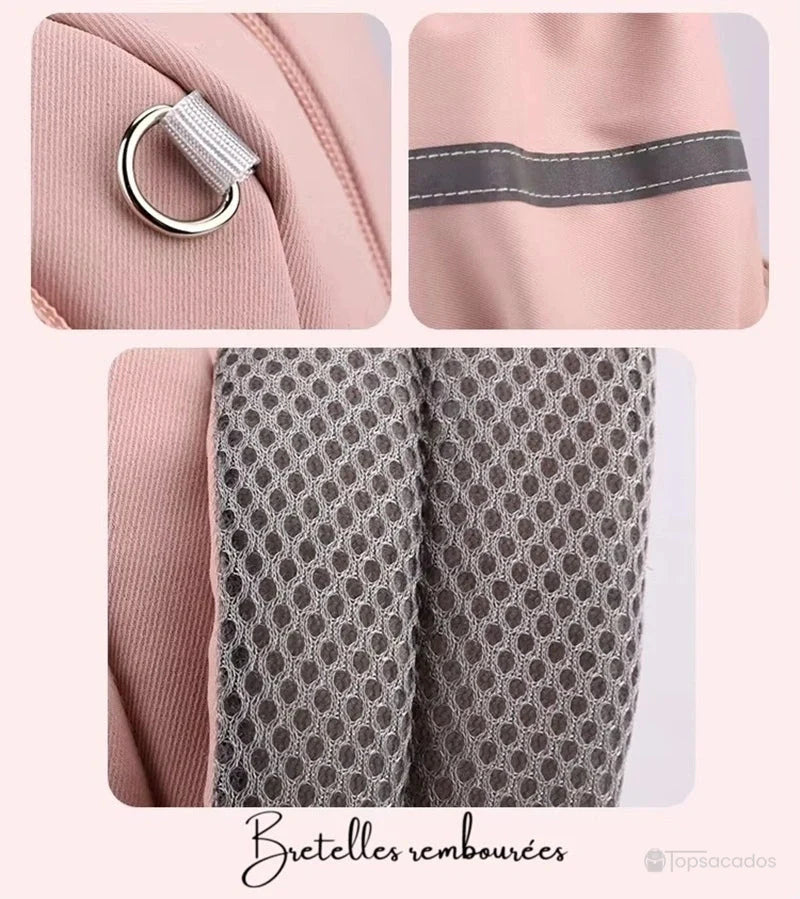 Sac à dos école détail bretelles rembourrées et tissu respirant vu de près, intérieur doux.
