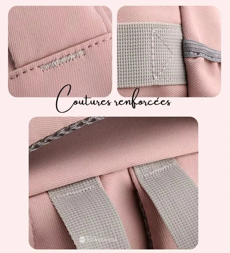 Sac à dos école couture renforcée et sangles solides pour une meilleure durabilité, fond rose.