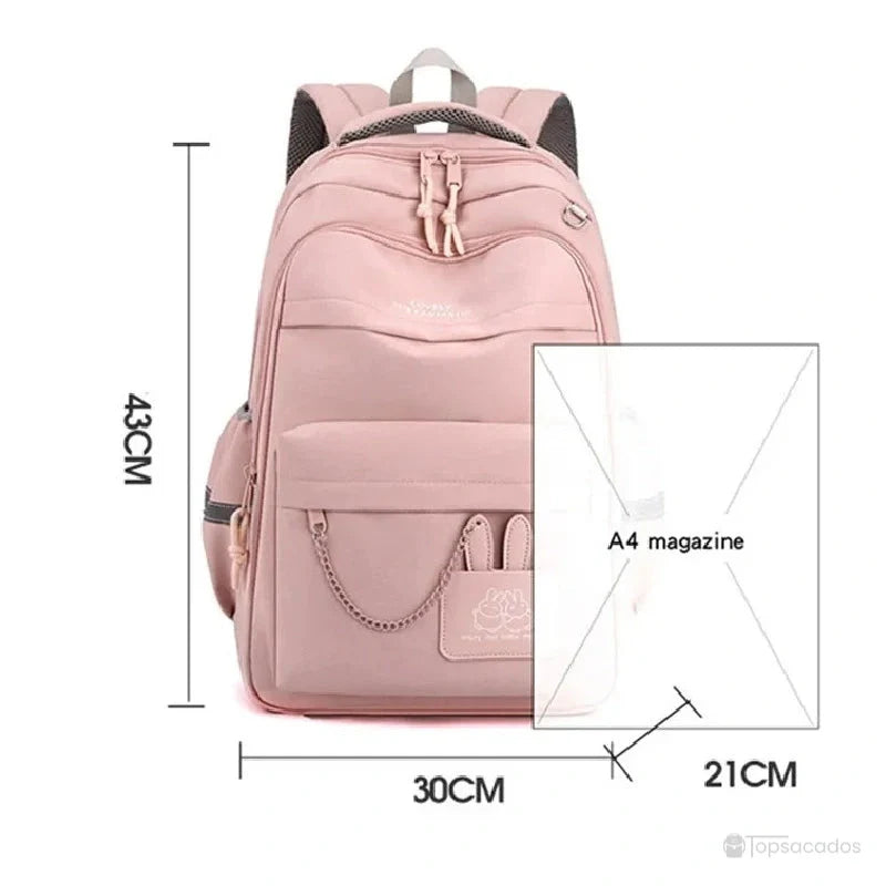 Sac à dos école rose grand format avec dimensions 43x30x21cm et emplacement pour magazine A4.