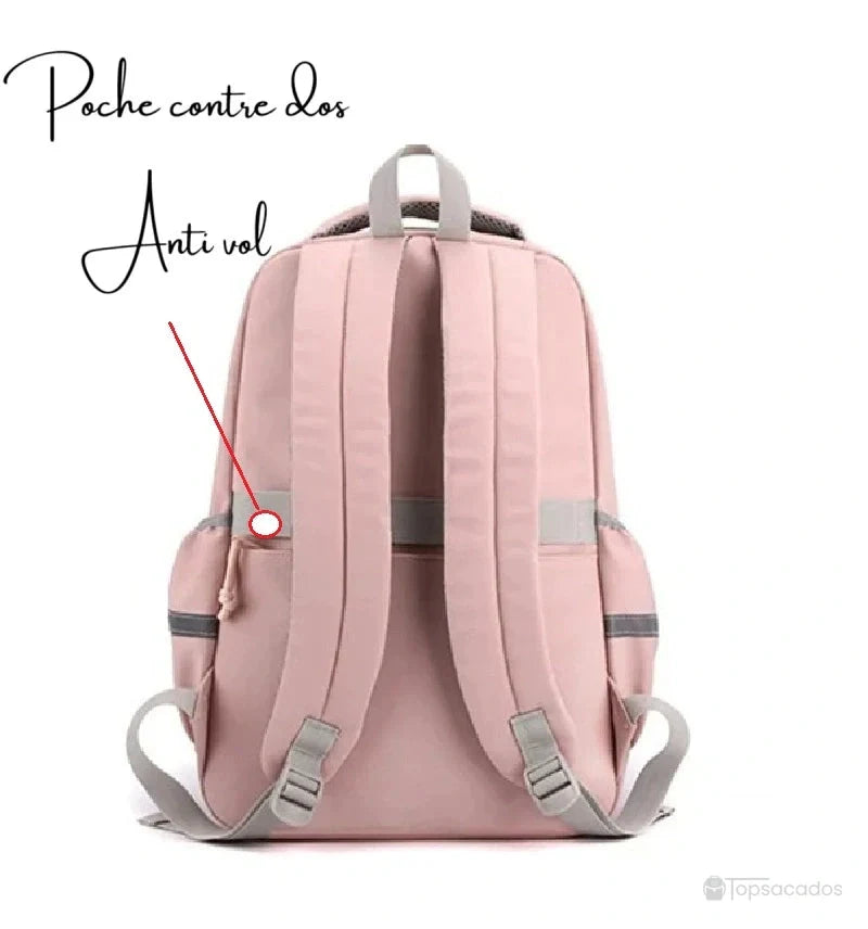 Sac à dos école rose vu de dos avec bretelles ajustables et poche antivol contre le dos.