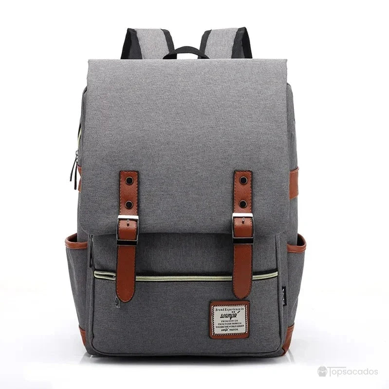 Sac à dos école fille gris clair avec finitions marron et poche extérieure