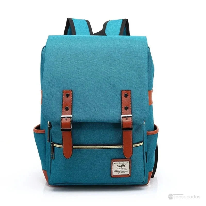 Sac à dos école fille bleu ciel lumineux avec sangles marron et poches latérales