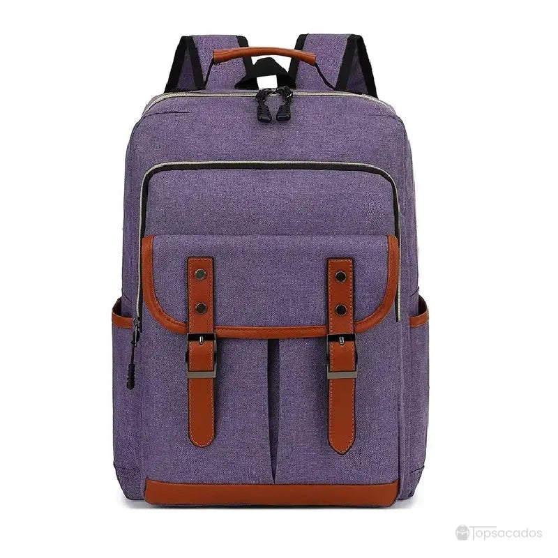 Sac à dos école garçon violet avec finitions en cuir marron, design élégant et fonctionnel pour les écoliers.