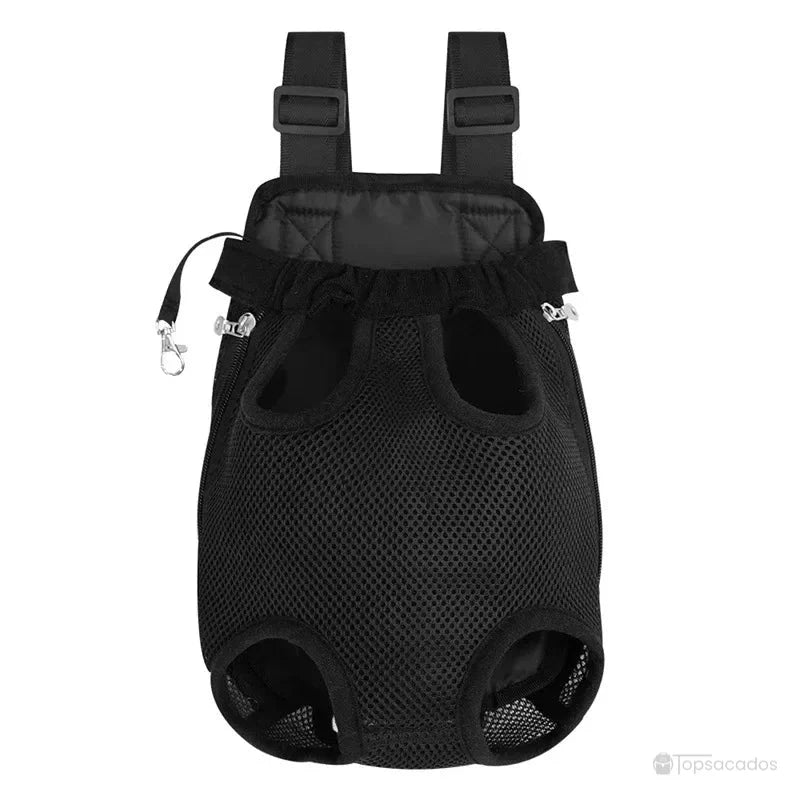 Sac à dos et ventral chat noir en maille respirante, avec ouvertures renforcées pour les pattes et sangles réglables, posé sur fond blanc.