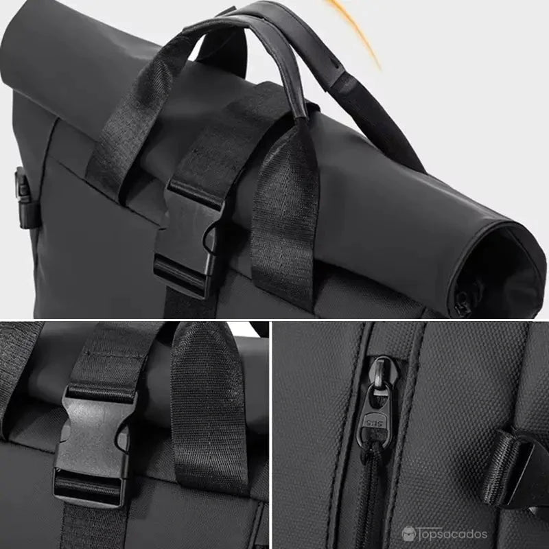 Sac à dos étanche noir avec poignées renforcées et fermetures zippées robustes visibles en gros plan.