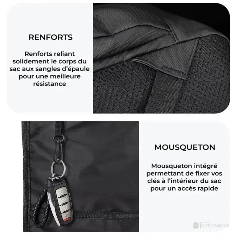 Sac à dos étanche avec renforts d’épaules cousus et mousqueton intégré pour attacher facilement ses clés à l’intérieur du sac.
