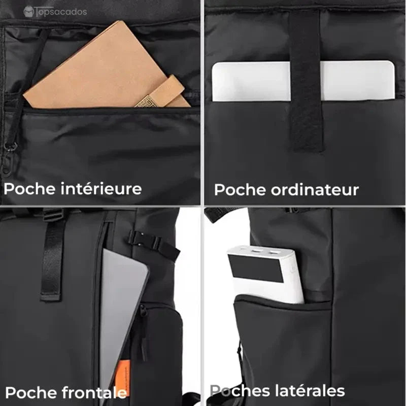 Sac à dos étanche avec poches visibles : intérieure, ordinateur, frontale et latérales, démontrant sa grande capacité de rangement.