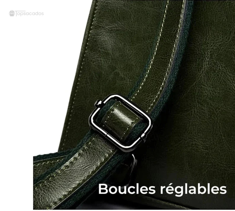 Sac à dos femme en cuir vert avec zoom sur la boucle réglable de la bretelle, soulignant l’ajustabilité et la robustesse.