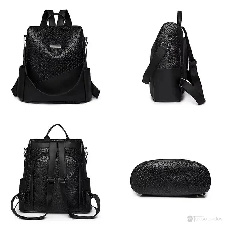 Sac à dos femme noir vu de face, côté, dos et dessous, illustrant les multiples angles et finitions du sac en simili cuir texturé.