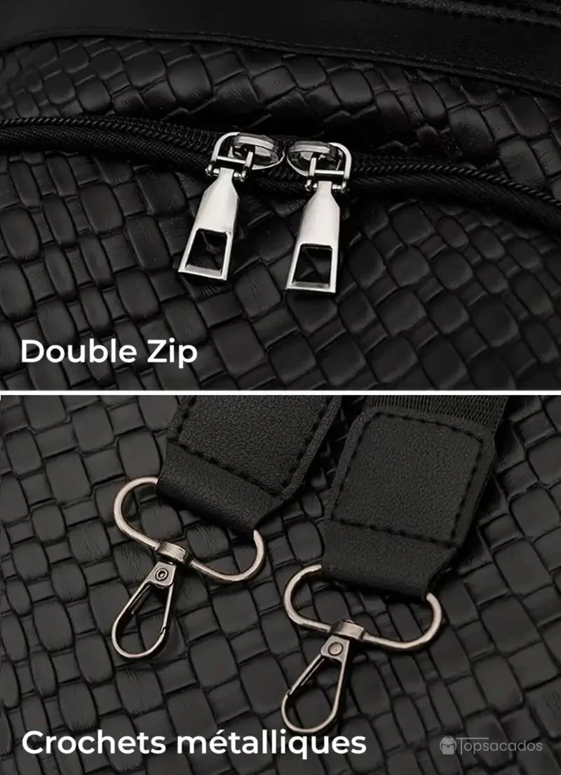 Sac à dos femme noir équipé de crochets métalliques robustes et d’une fermeture double zip pratique pour plus de sécurité.