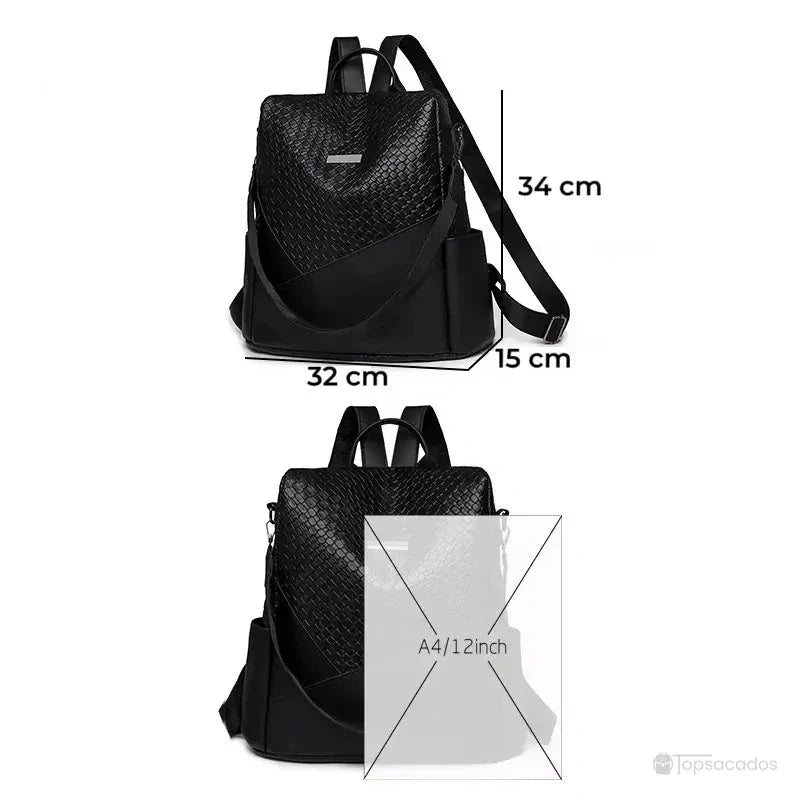 Sac à dos femme noir avec indication des dimensions 34x32x15 cm, compatible avec documents au format A4.