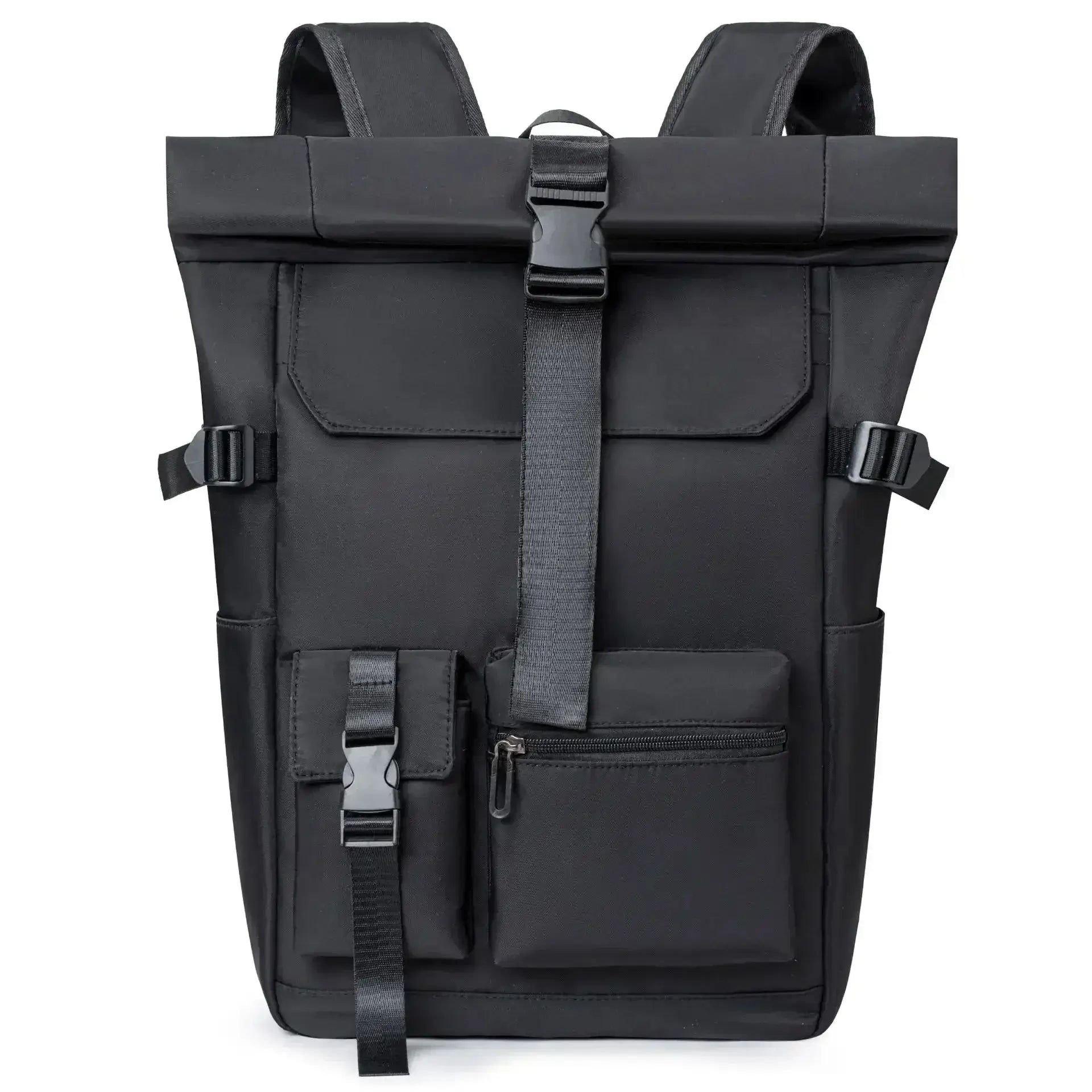 Sac à dos à fermeture enroulable noir uni photographié de face, montrant son compartiment principal et ses sangles de serrage robustes.